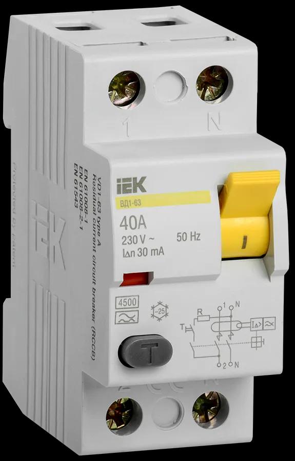 Выключатель дифференциальный (УЗО) ВД1-63 2Р 40А 30мА тип А IEK