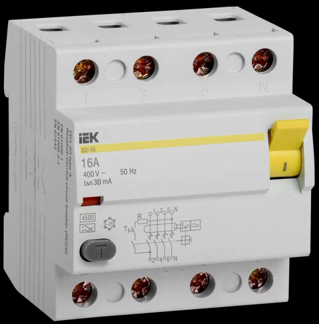 Выключатель дифференциальный (УЗО) ВД1-63 4Р 16А 30мА тип А IEK
