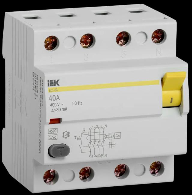 Выключатель дифференциальный (УЗО) ВД1-63 4Р 40А 30мА тип А IEK